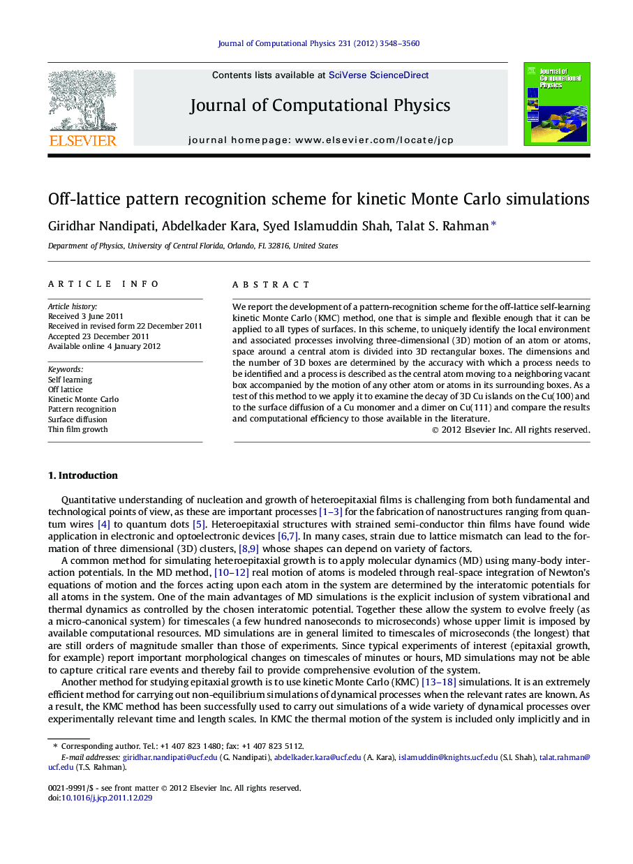 Off-lattice pattern recognition scheme for kinetic Monte Carlo simulations