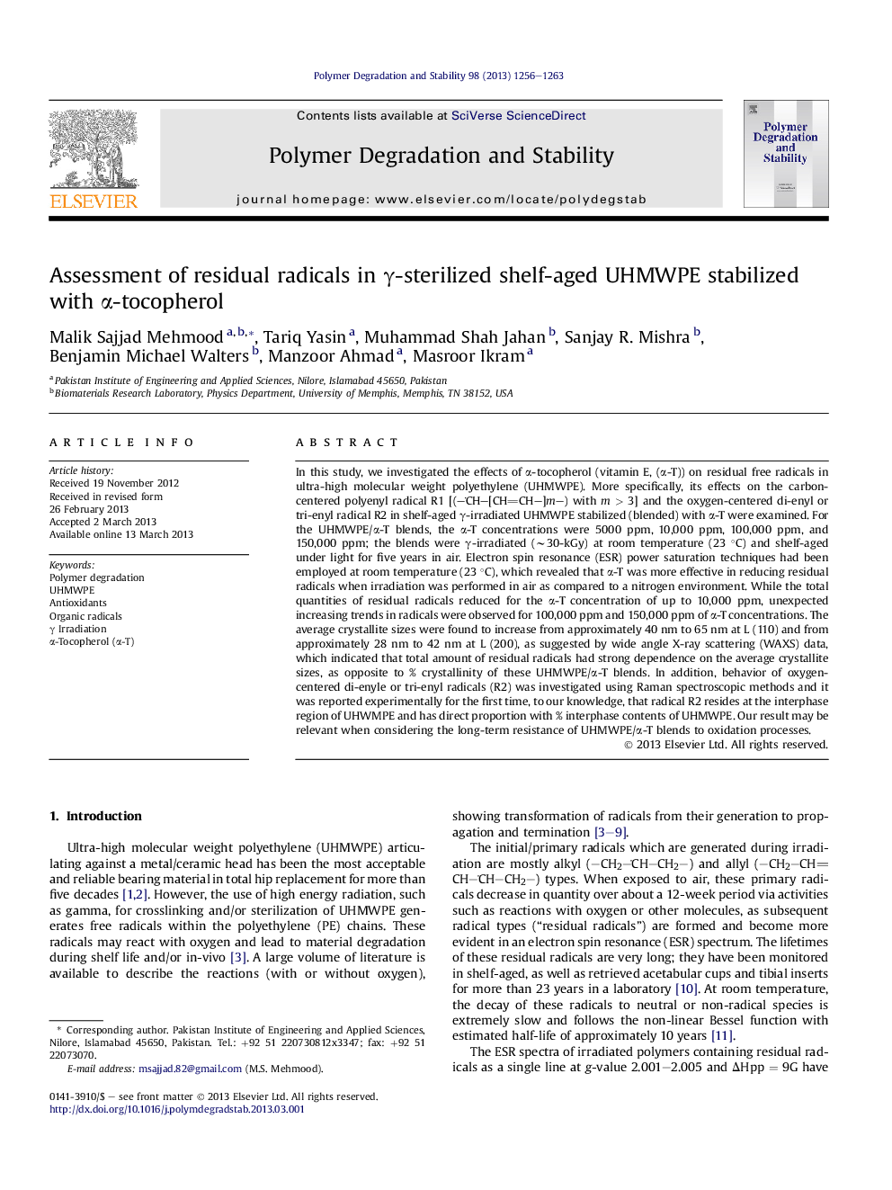 Assessment of residual radicals in Î³-sterilized shelf-aged UHMWPE stabilized with Î±-tocopherol