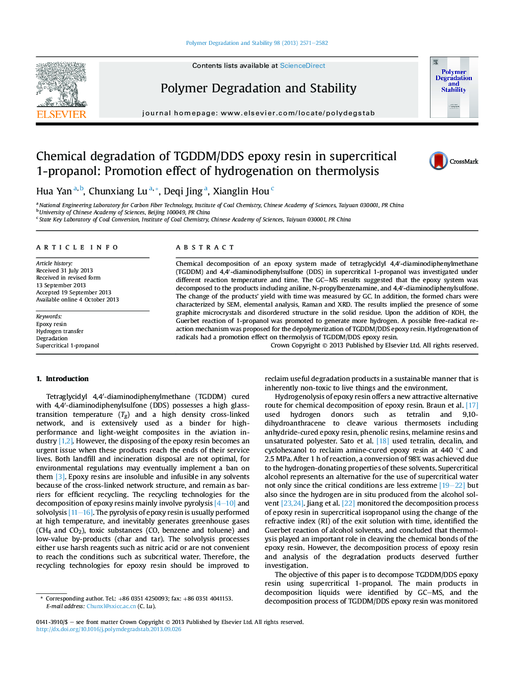 Chemical degradation of TGDDM/DDS epoxy resin in supercritical 1-propanol: Promotion effect of hydrogenation on thermolysis