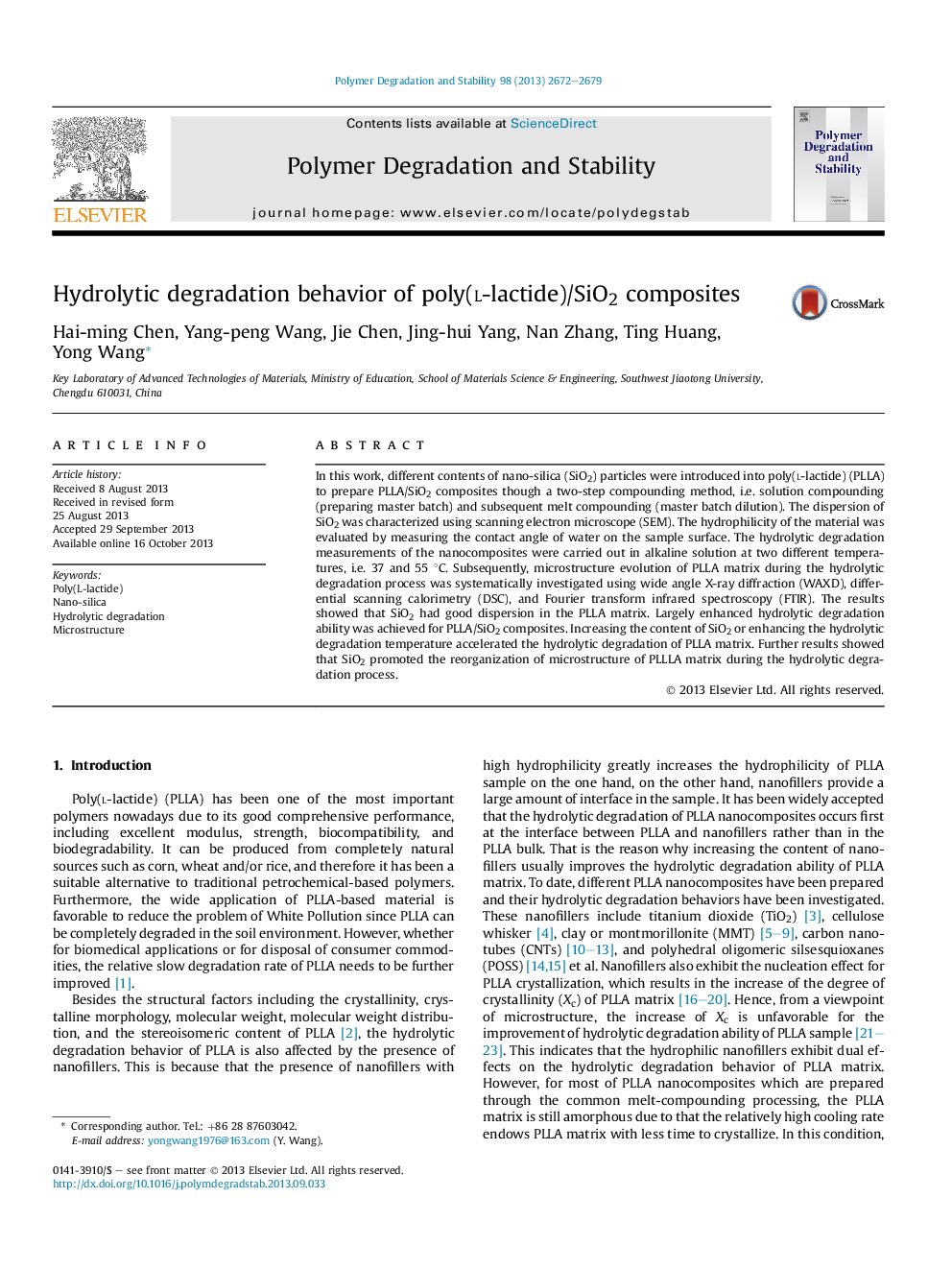 Hydrolytic degradation behavior of poly(l-lactide)/SiO2 composites