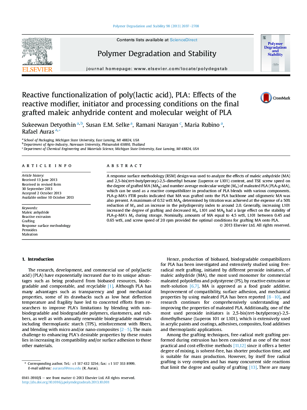 Reactive functionalization of poly(lactic acid), PLA: Effects of the reactive modifier, initiator and processing conditions on the final grafted maleic anhydride content and molecular weight of PLA