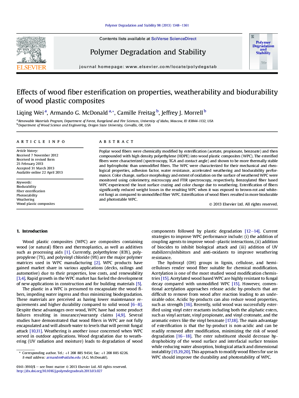 Effects of wood fiber esterification on properties, weatherability and biodurability of wood plastic composites