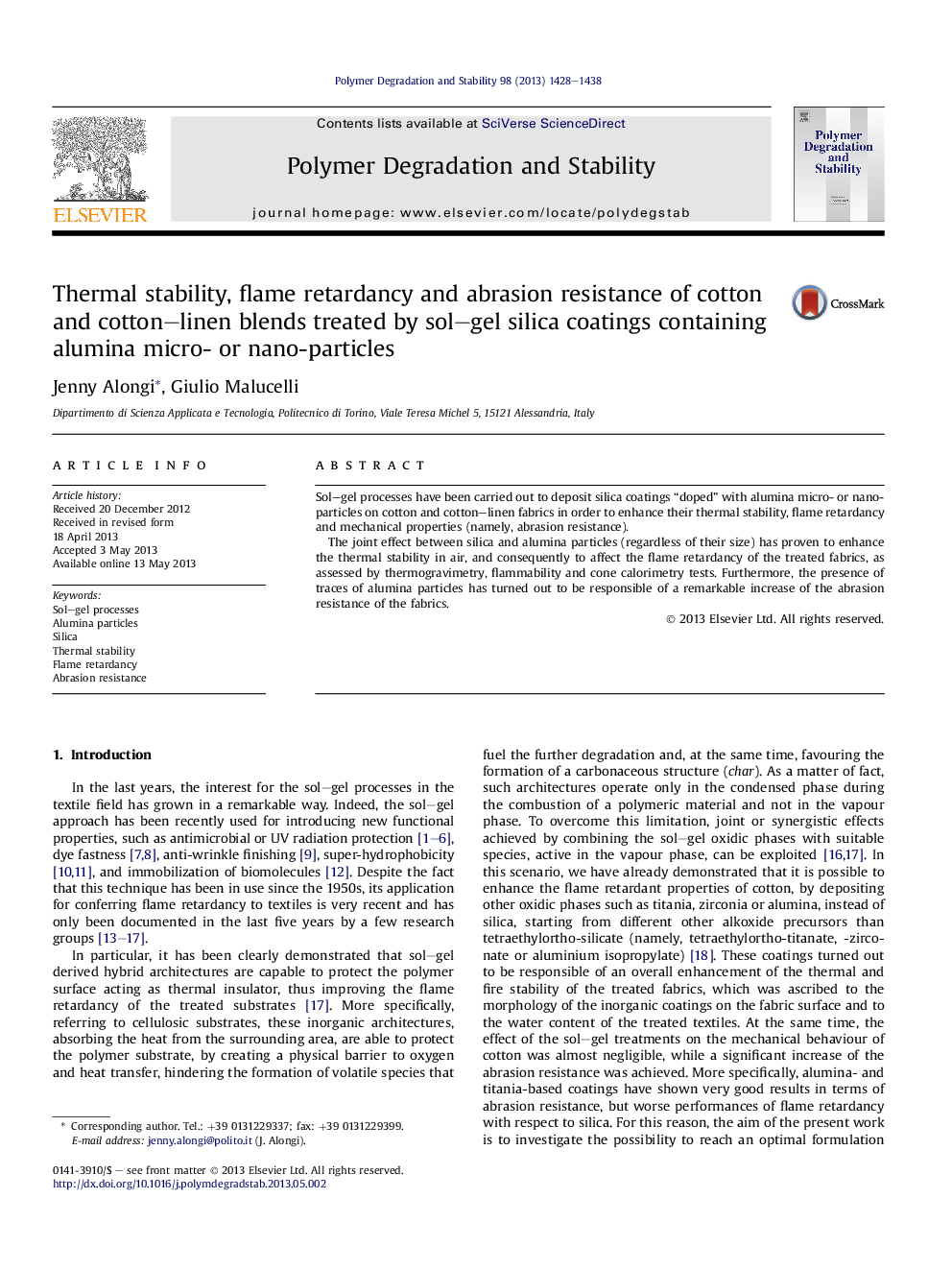 Thermal stability, flame retardancy and abrasion resistance of cotton and cotton-linen blends treated by sol-gel silica coatings containing alumina micro- or nano-particles