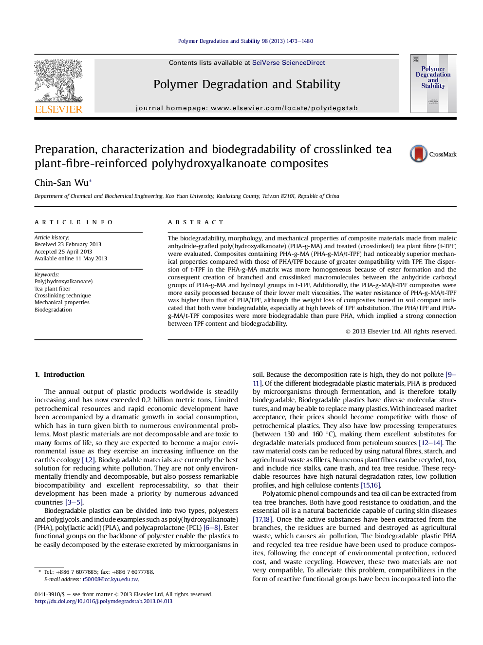 Preparation, characterization and biodegradability of crosslinked tea plant-fibre-reinforced polyhydroxyalkanoate composites