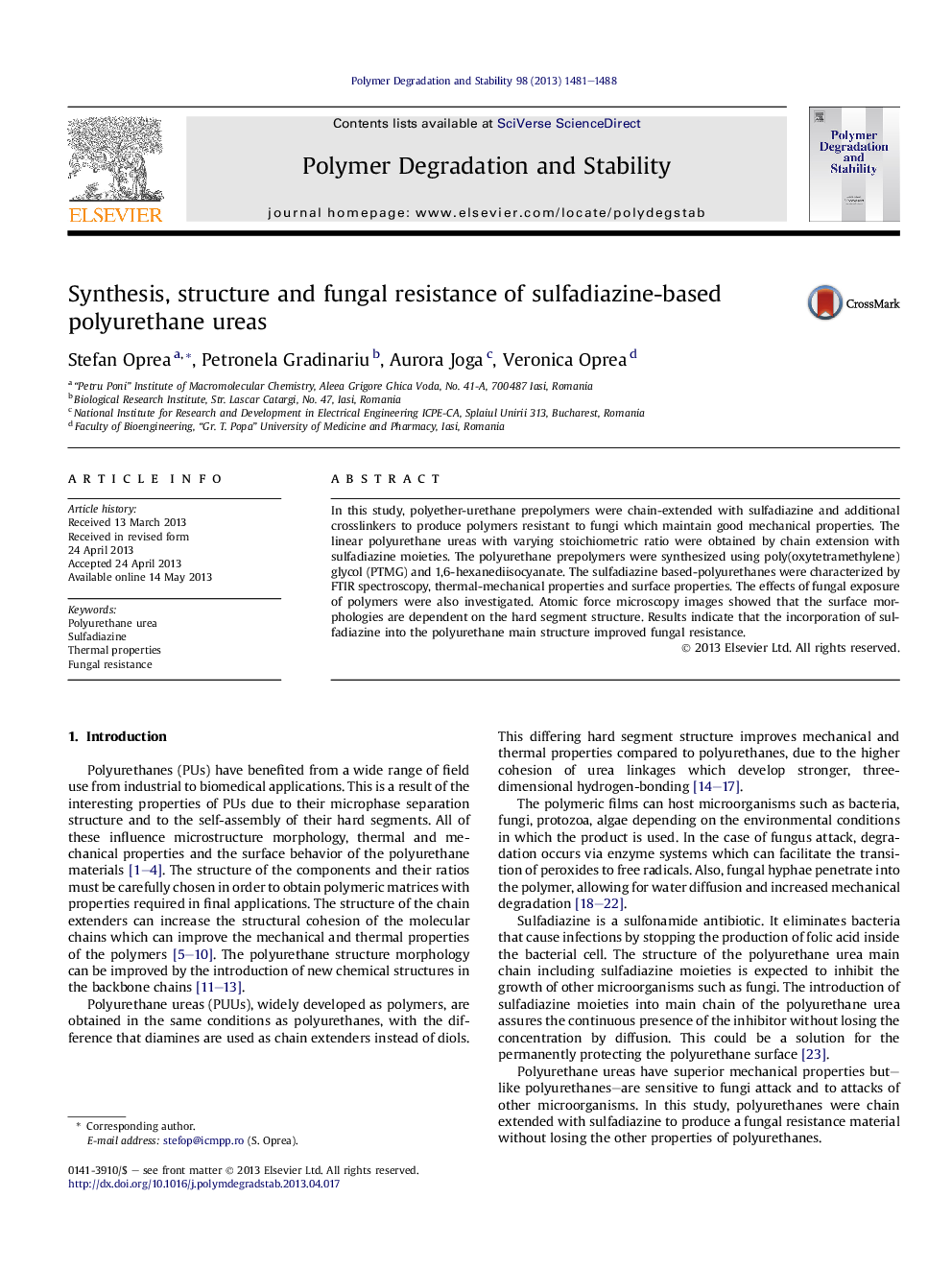 Synthesis, structure and fungal resistance of sulfadiazine-based polyurethane ureas