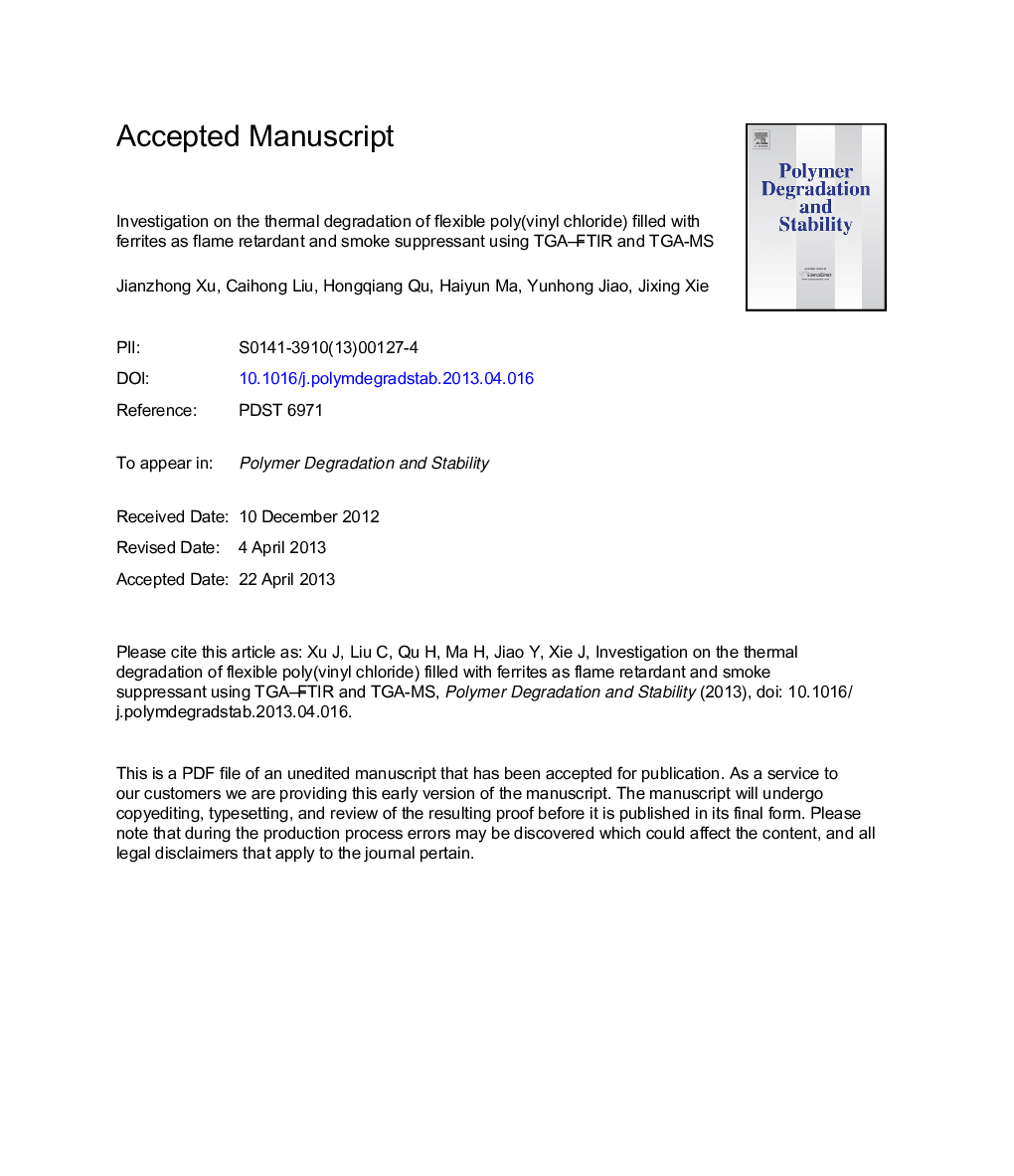 Investigation on the thermal degradation of flexible poly(vinyl chloride) filled with ferrites as flame retardant and smoke suppressant using TGA-FTIR and TGA-MS