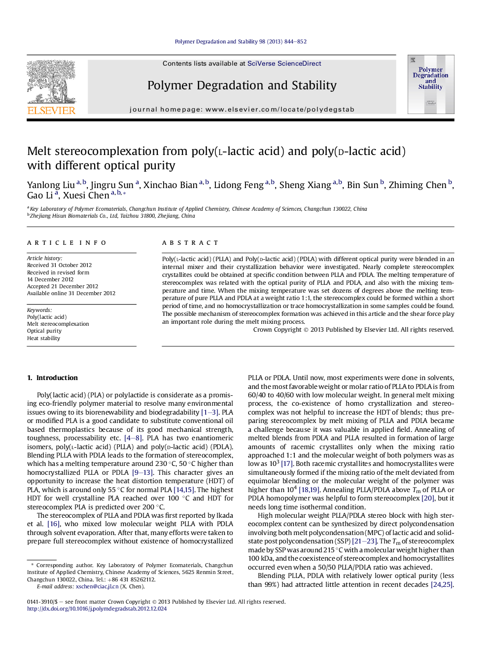 Melt stereocomplexation from poly(l-lactic acid) and poly(d-lactic acid) with different optical purity