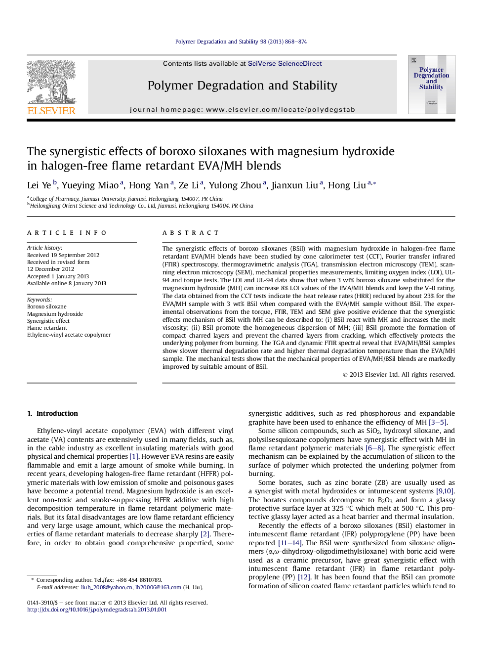 The synergistic effects of boroxo siloxanes with magnesium hydroxide in halogen-free flame retardant EVA/MH blends