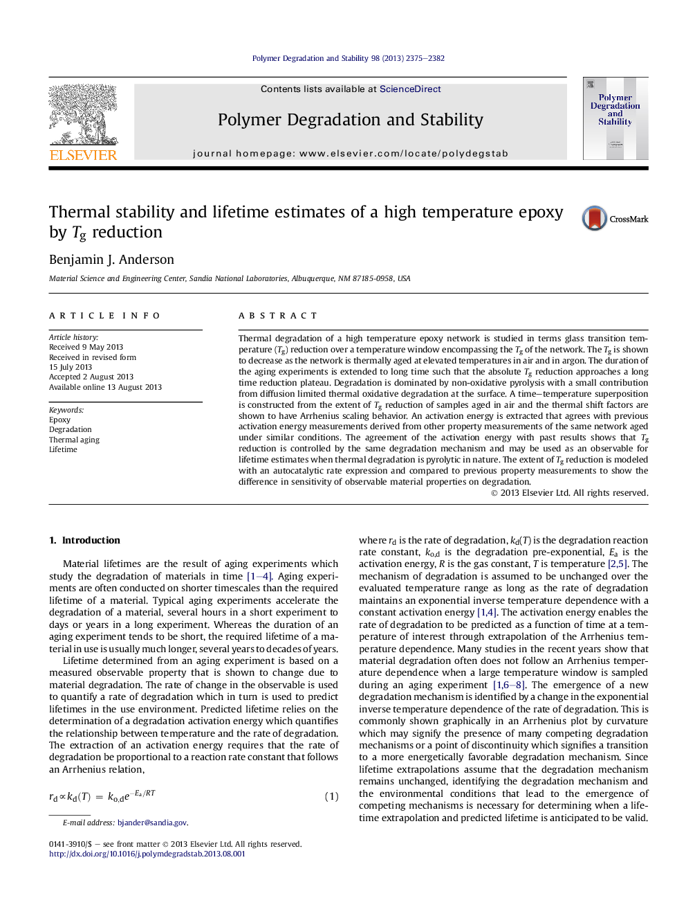 Thermal stability and lifetime estimates of a high temperature epoxy by Tg reduction