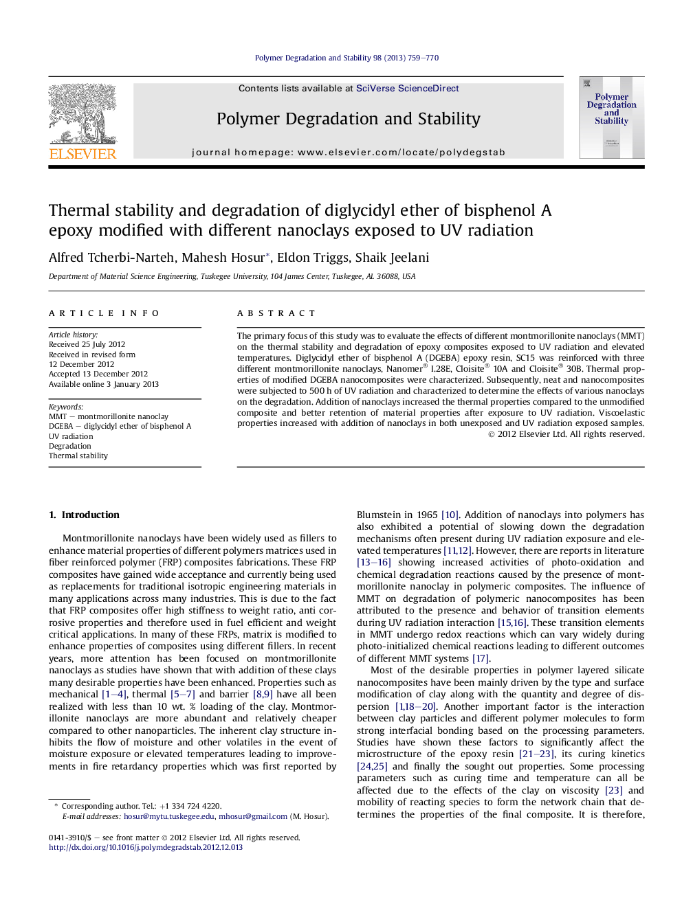 Thermal stability and degradation of diglycidyl ether of bisphenol A epoxy modified with different nanoclays exposed to UV radiation