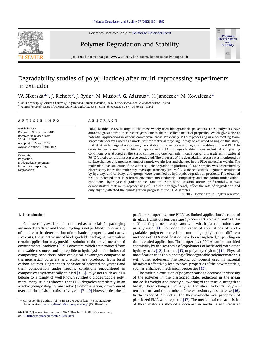 Degradability studies of poly(l-lactide) after multi-reprocessing experiments inÂ extruder