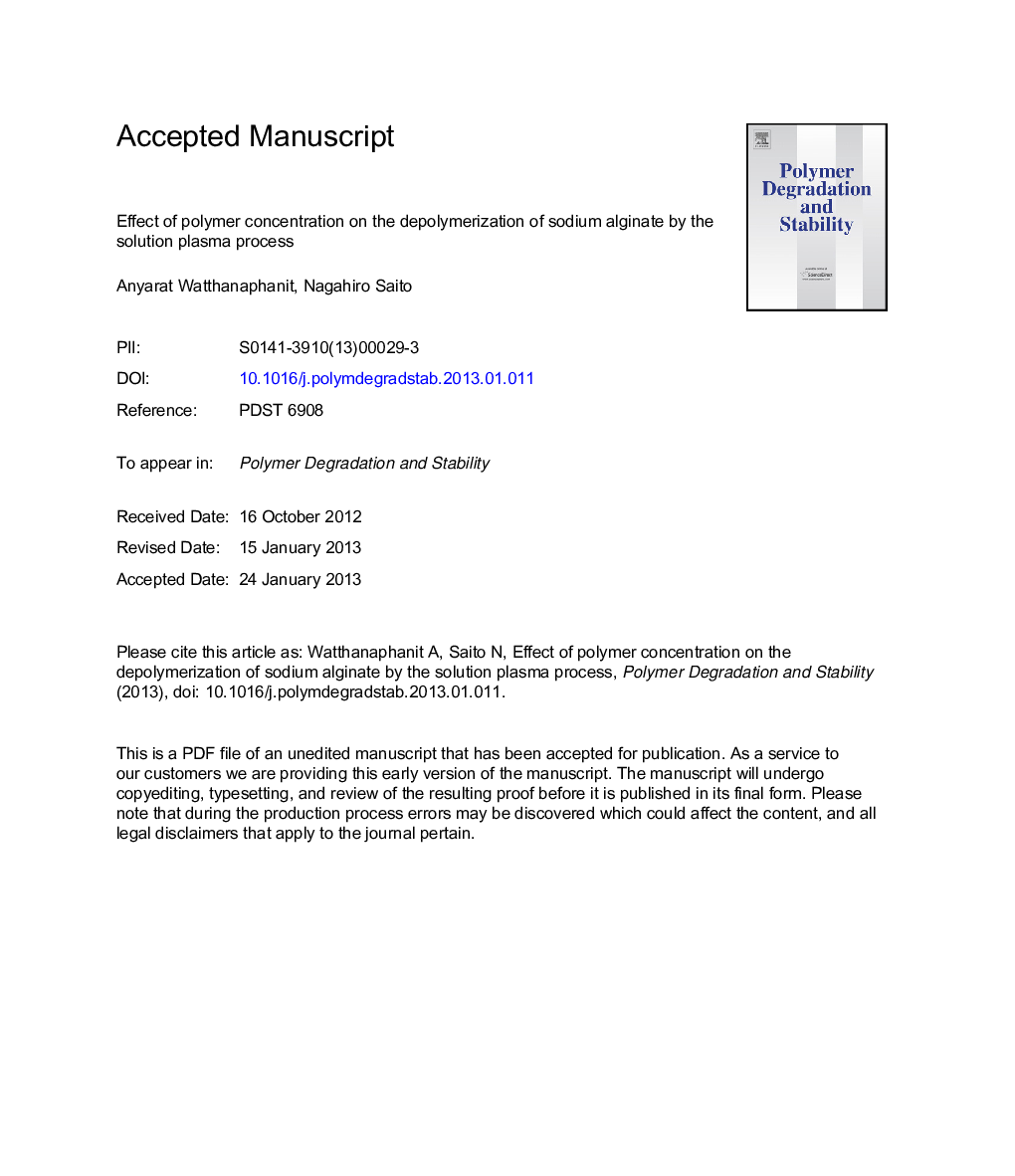 Effect of polymer concentration on the depolymerization of sodium alginate by the solution plasma process