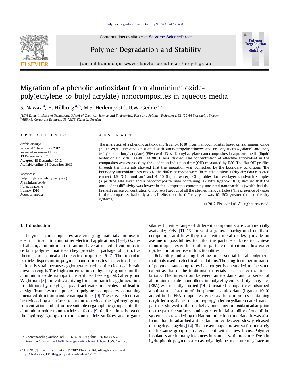 مهاجرت یک آنتی اکسیدان فنولی از نانوکامپوزیت های اکسید آلومینیوم (اتیلن-کوتی بوتیل آکریلات) در محیط های آبی 