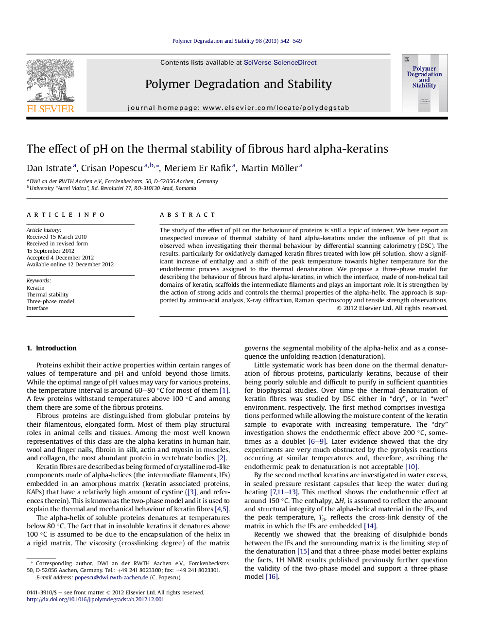 The effect of pH on the thermal stability of fibrous hard alpha-keratins