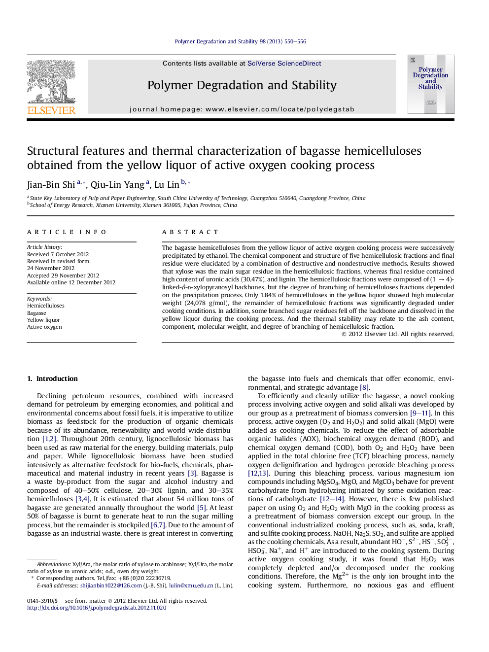 Structural features and thermal characterization of bagasse hemicelluloses obtained from the yellow liquor of active oxygen cooking process