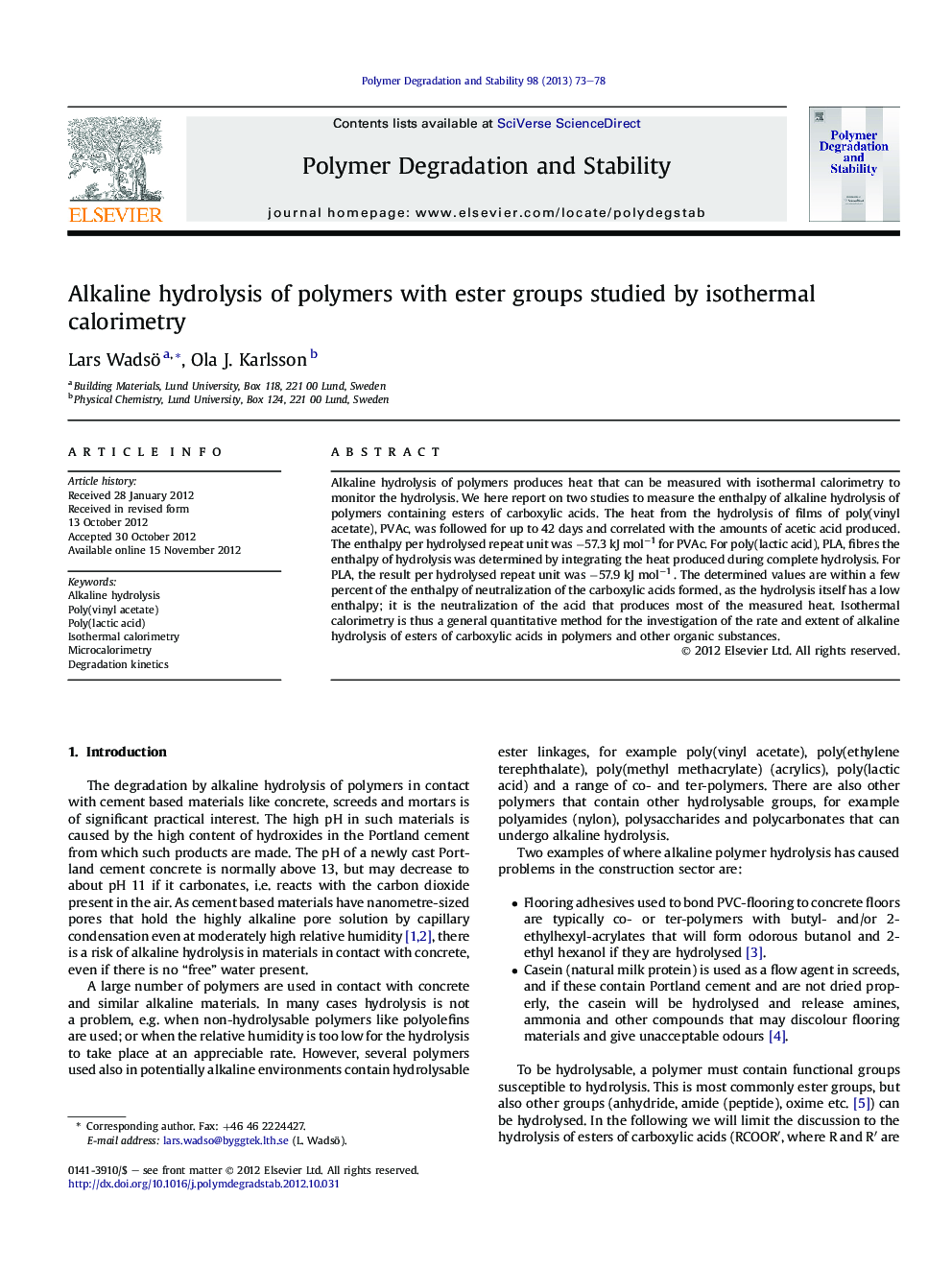 Alkaline hydrolysis of polymers with ester groups studied by isothermal calorimetry