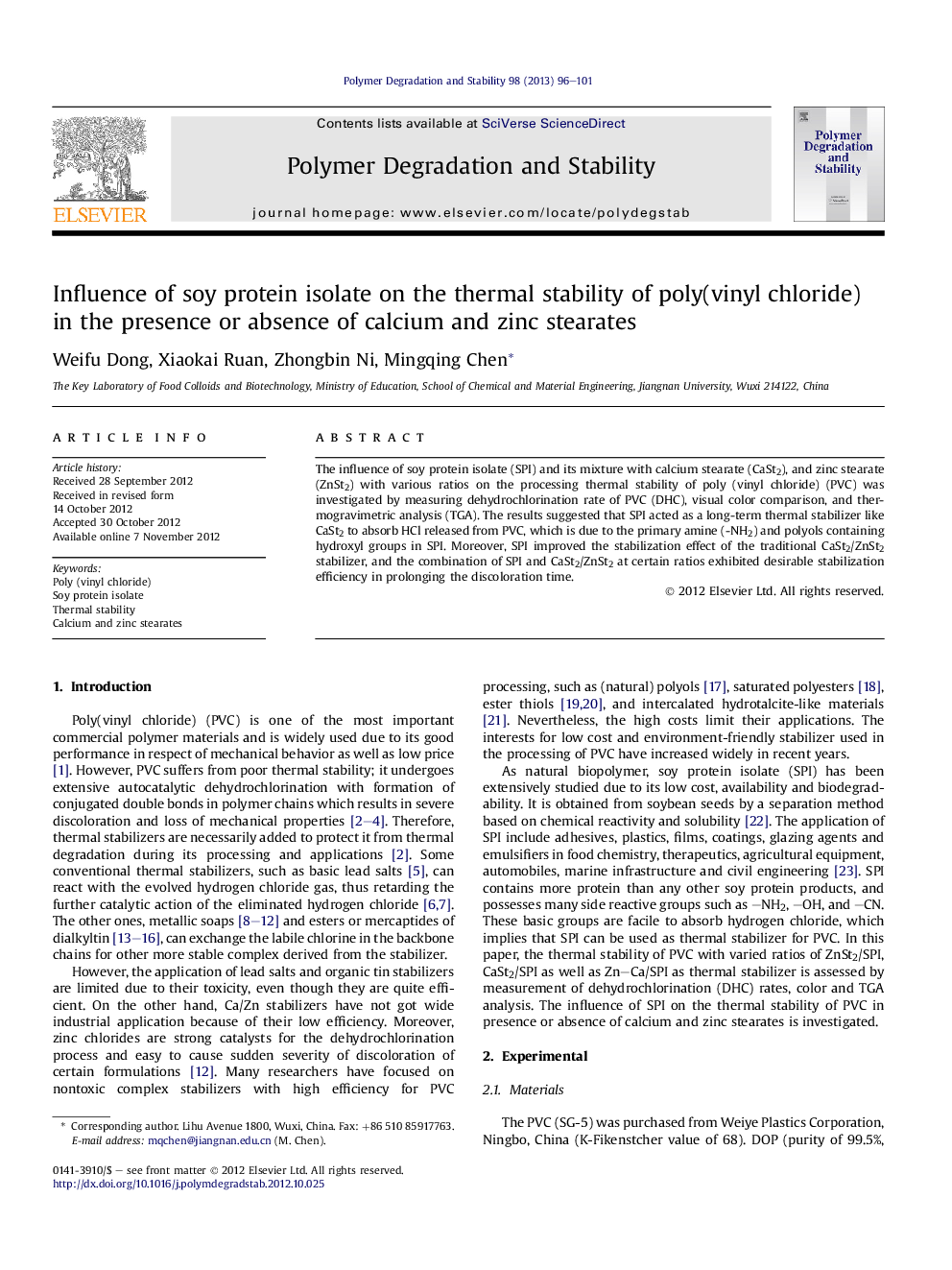 Influence of soy protein isolate on the thermal stability of poly(vinyl chloride) in the presence or absence of calcium and zinc stearates