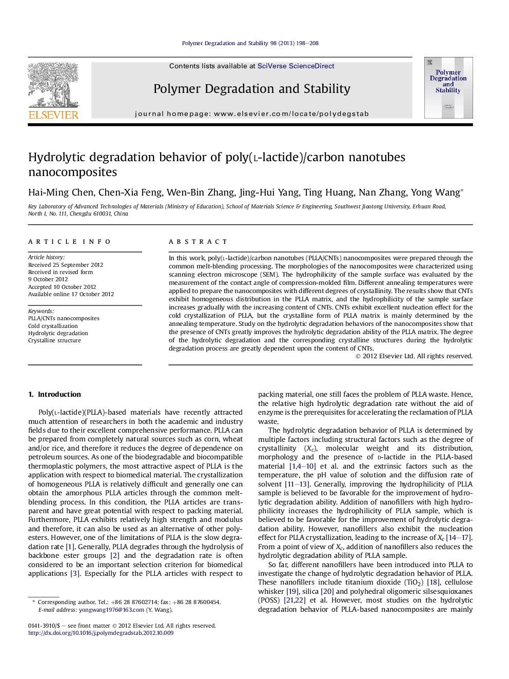 Hydrolytic degradation behavior of poly(l-lactide)/carbon nanotubes nanocomposites