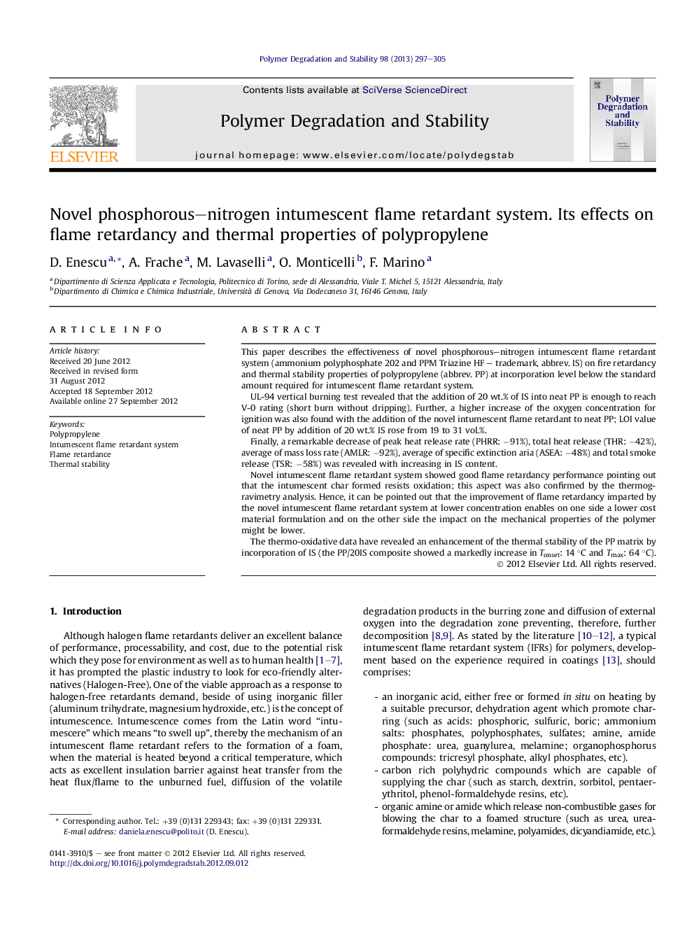 Novel phosphorous-nitrogen intumescent flame retardant system. Its effects on flame retardancy and thermal properties of polypropylene