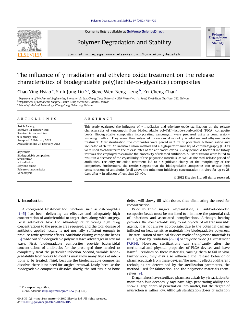 The influence of Î³ irradiation and ethylene oxide treatment on the release characteristics of biodegradable poly(lactide-co-glycolide) composites