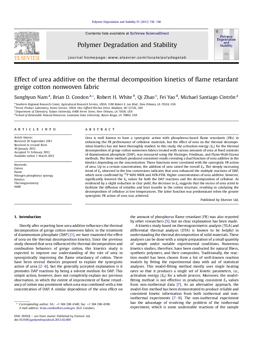 Effect of urea additive on the thermal decomposition kinetics of flame retardant greige cotton nonwoven fabric