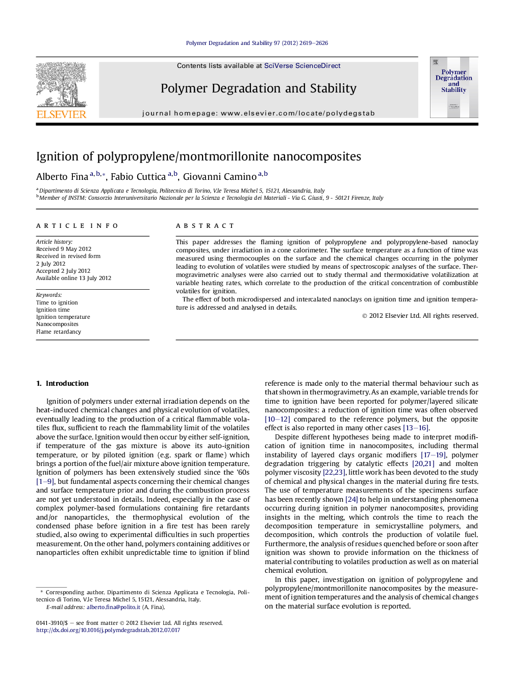 Ignition of polypropylene/montmorillonite nanocomposites