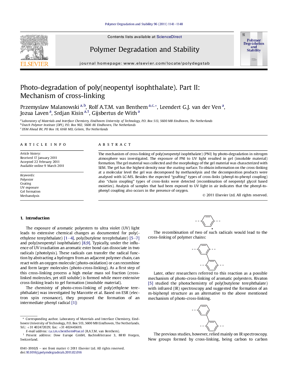 Photo-degradation of poly(neopentyl isophthalate). Part II: Mechanism of cross-linking