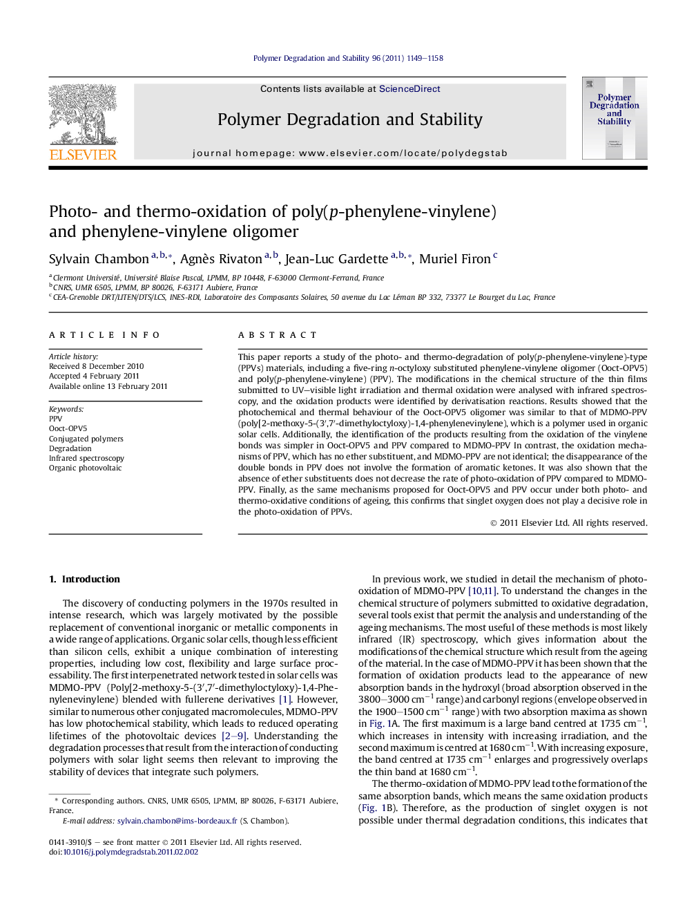 Photo- and thermo-oxidation of poly(p-phenylene-vinylene) and phenylene-vinylene oligomer