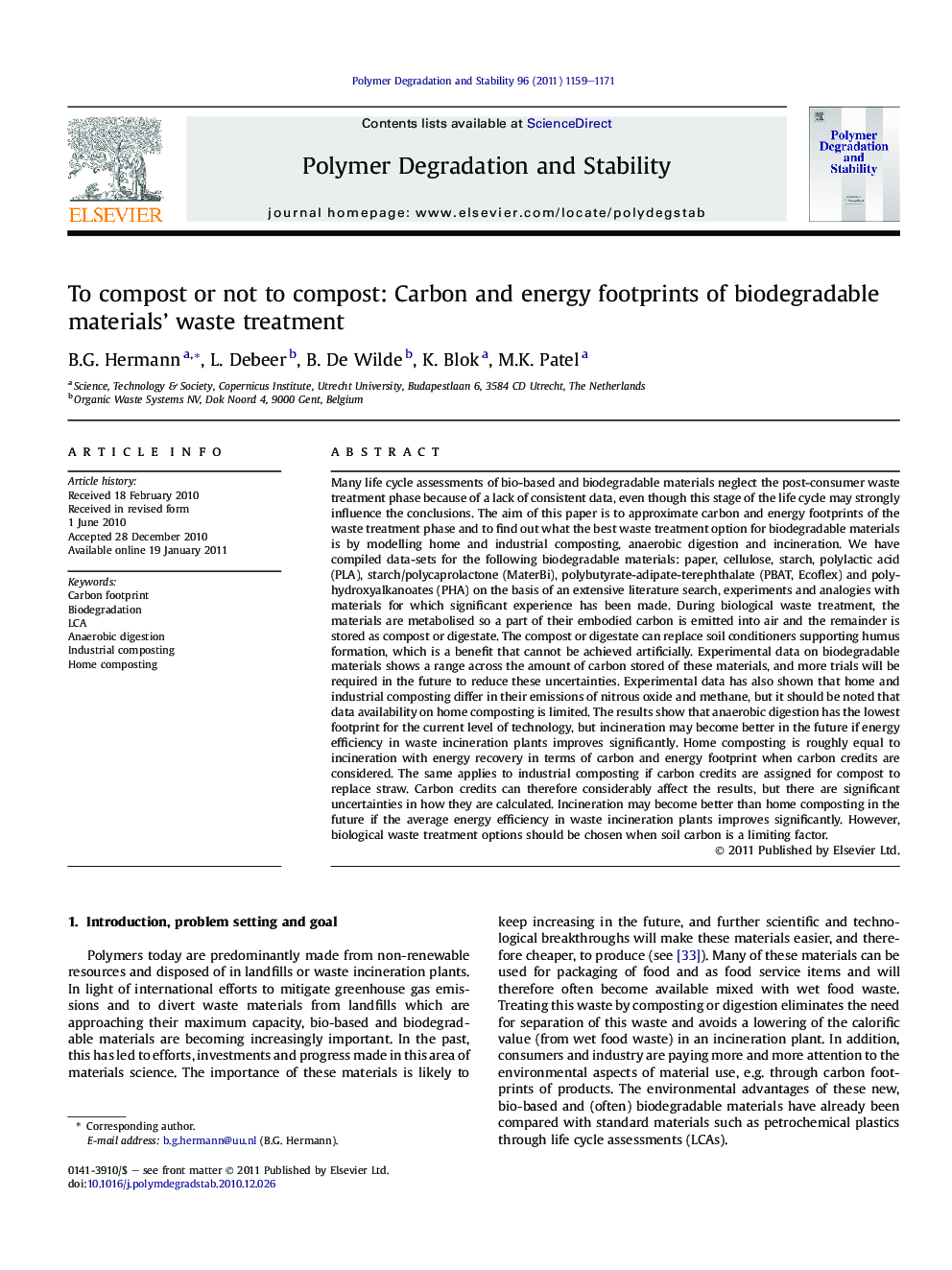 To compost or not to compost: Carbon and energy footprints of biodegradable materials' waste treatment