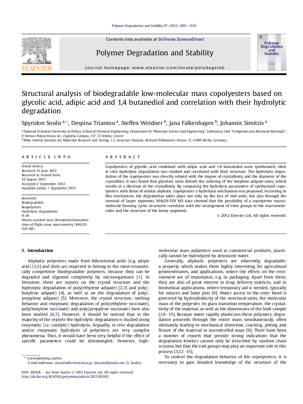 Structural analysis of biodegradable low-molecular mass copolyesters based on glycolic acid, adipic acid and 1,4 butanediol and correlation with their hydrolytic degradation