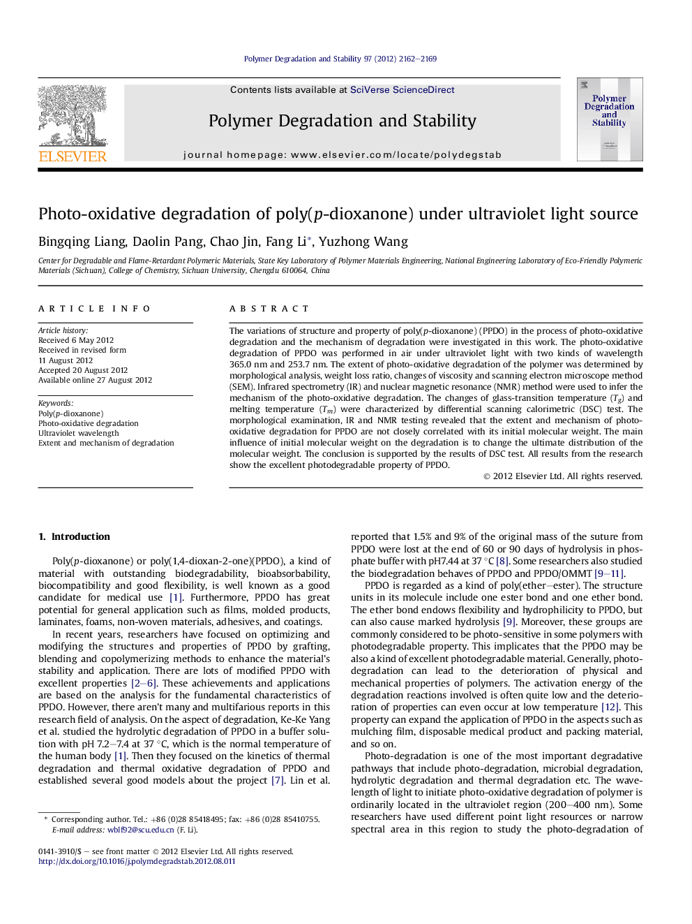 Photo-oxidative degradation of poly(p-dioxanone) under ultraviolet light source