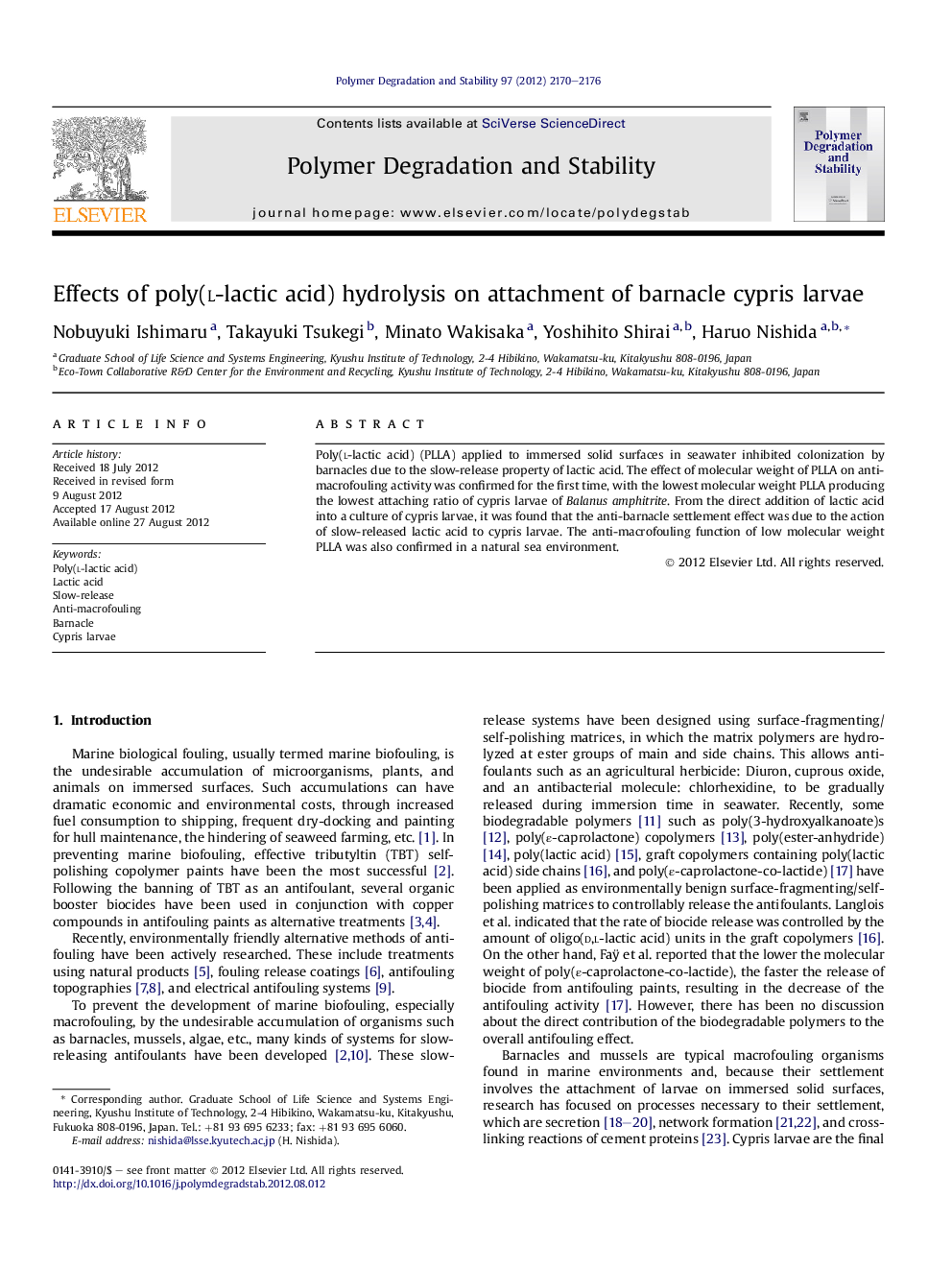 Effects of poly(l-lactic acid) hydrolysis on attachment of barnacle cypris larvae