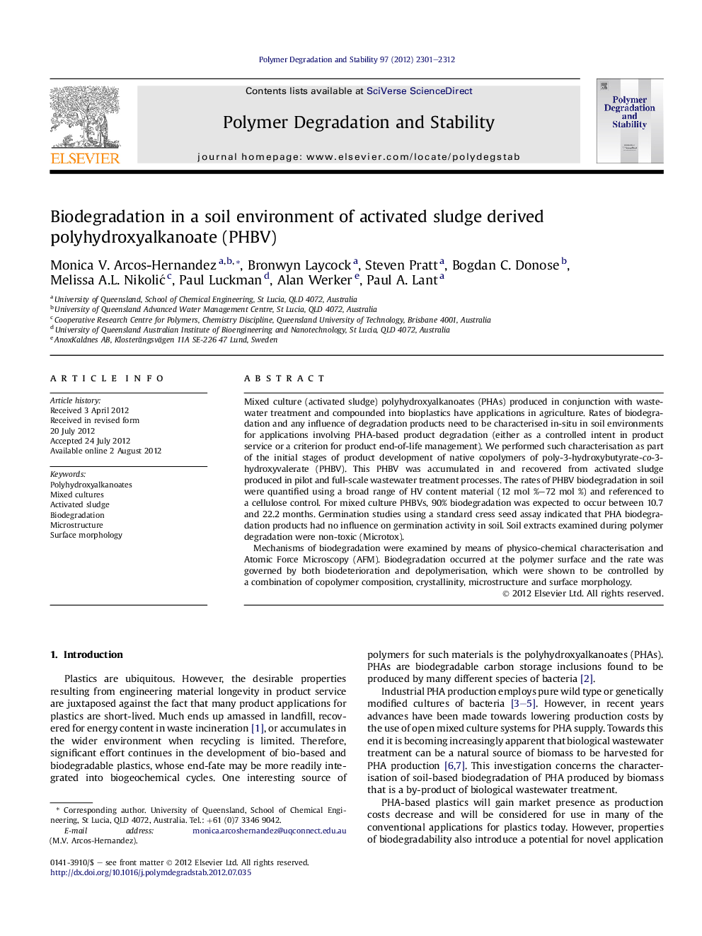 Biodegradation in a soil environment of activated sludge derived polyhydroxyalkanoate (PHBV)