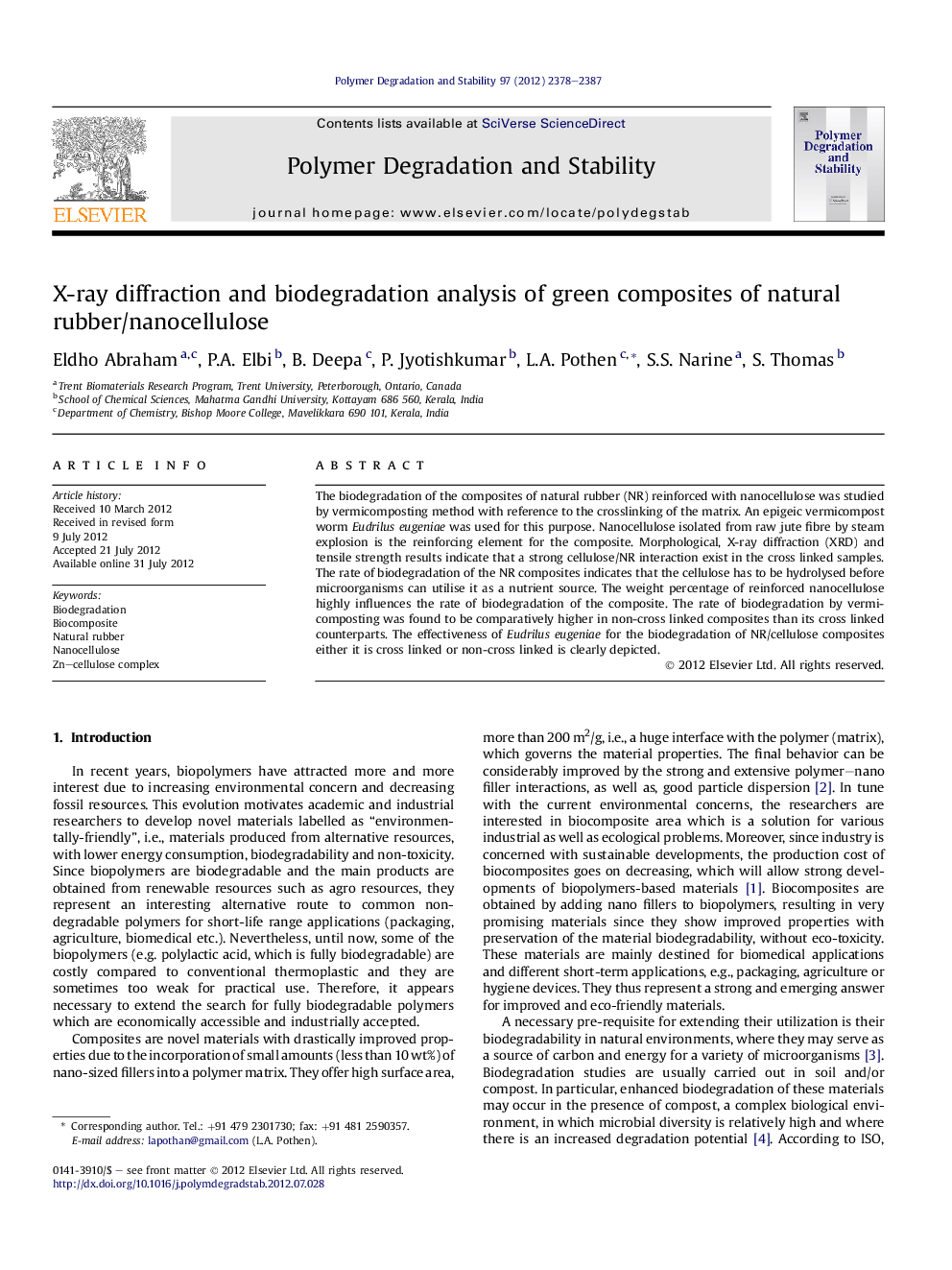 X-ray diffraction and biodegradation analysis of green composites of natural rubber/nanocellulose