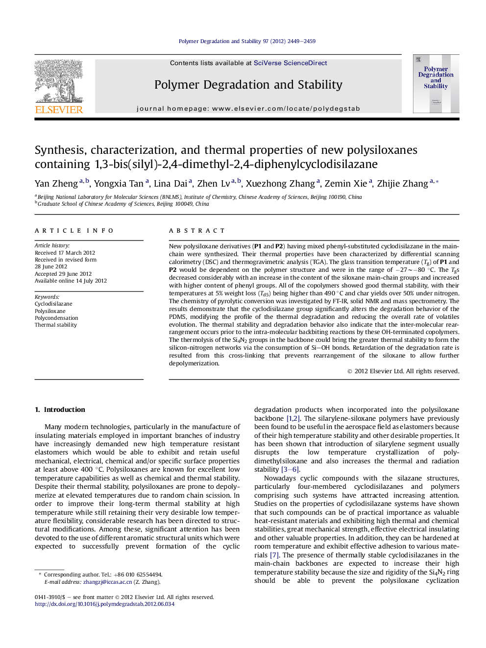 Synthesis, characterization, and thermal properties of new polysiloxanes containing 1,3-bis(silyl)-2,4-dimethyl-2,4-diphenylcyclodisilazane