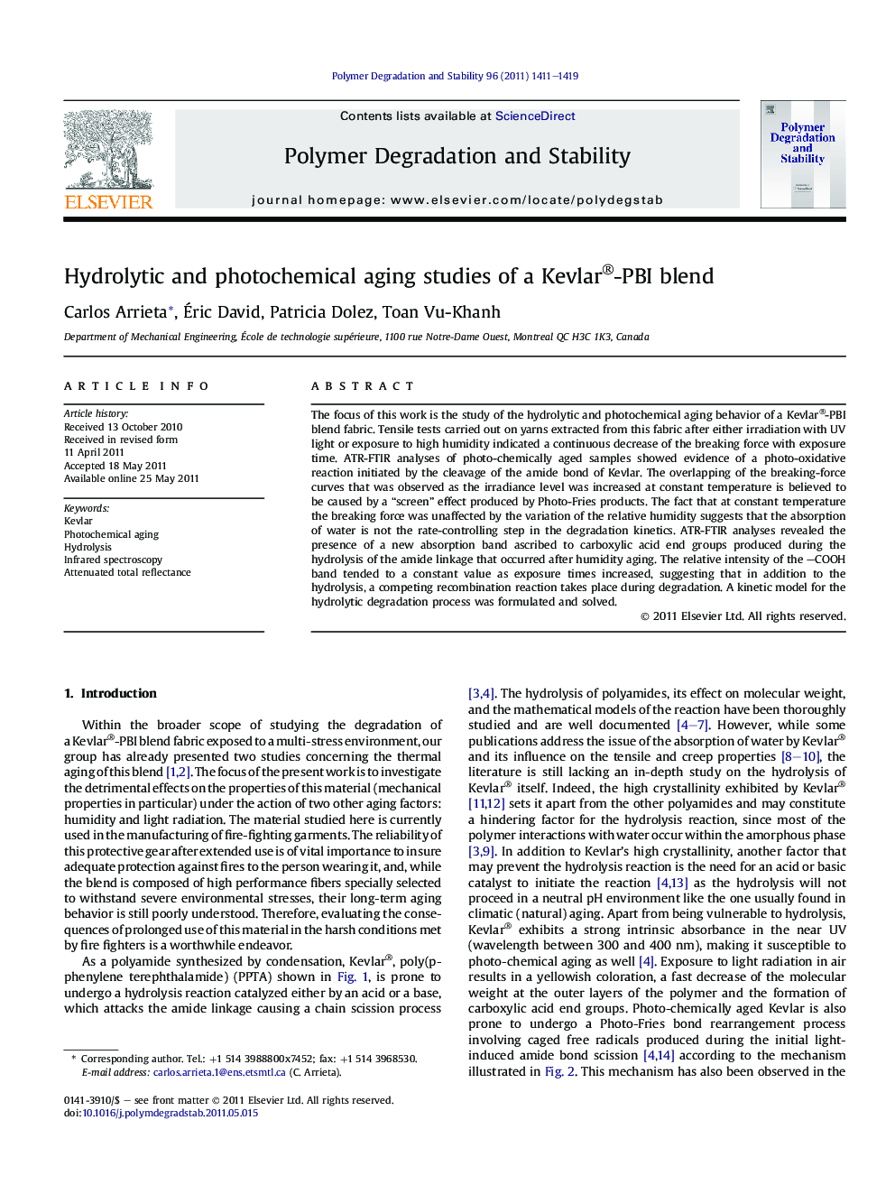 Hydrolytic and photochemical aging studies of a Kevlar®-PBI blend