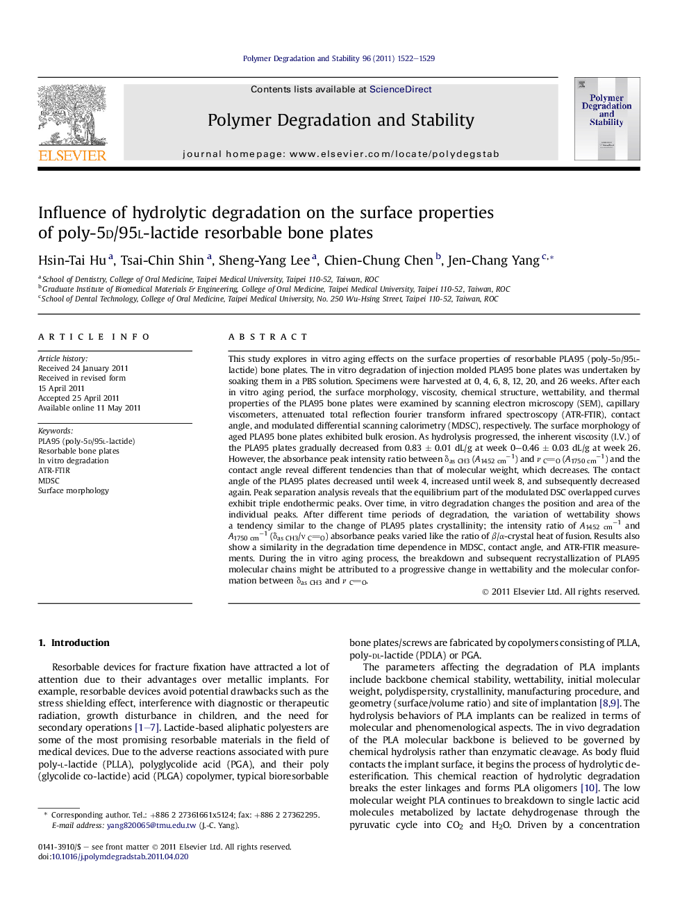 Influence of hydrolytic degradation on the surface properties of poly-5d/95l-lactide resorbable bone plates