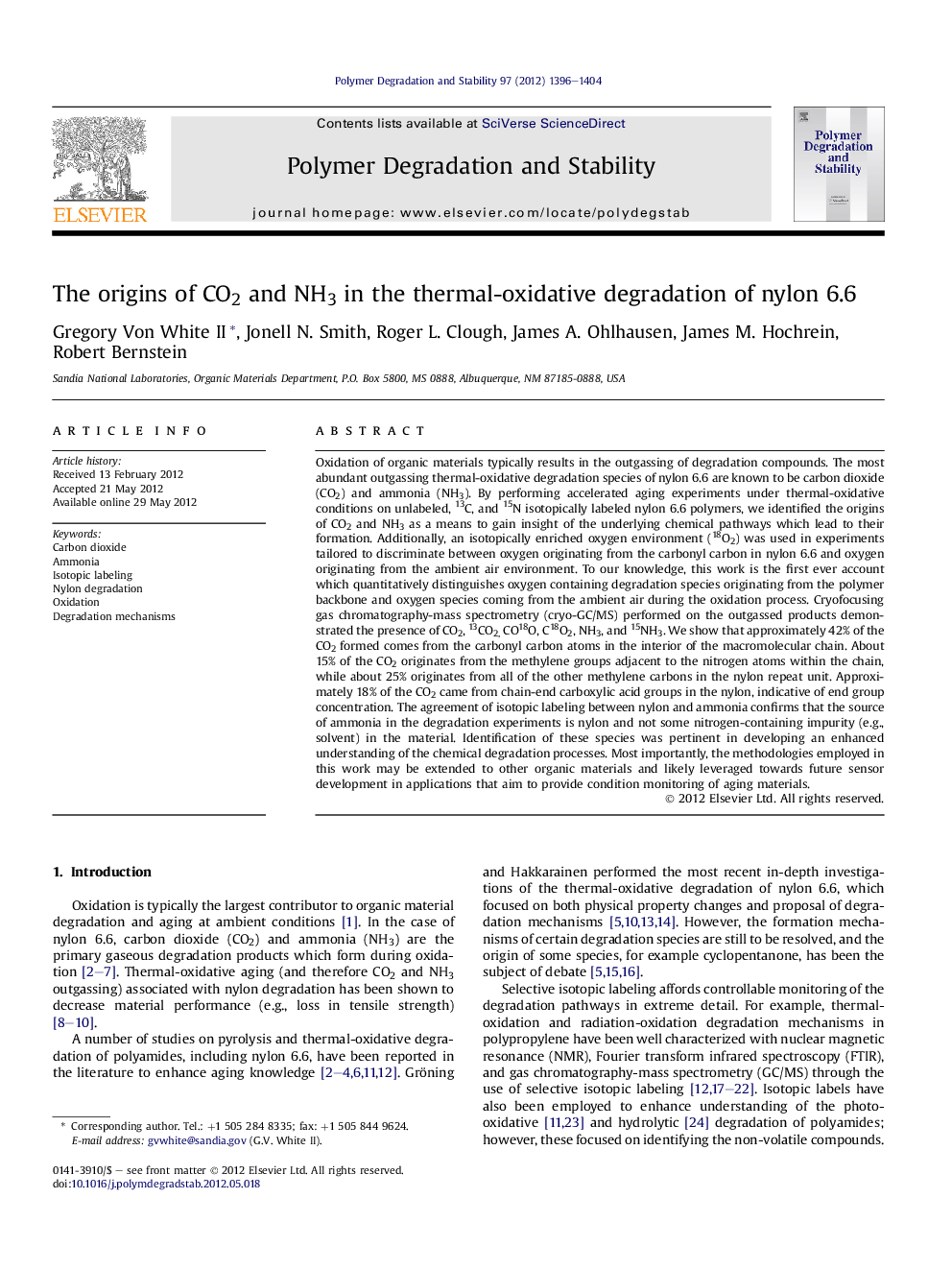 The origins of CO2 and NH3 in the thermal-oxidative degradation of nylon 6.6