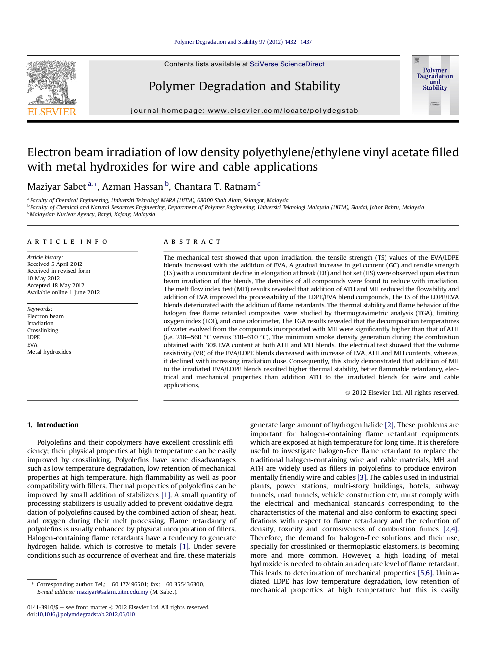 Electron beam irradiation of low density polyethylene/ethylene vinyl acetate filled with metal hydroxides for wire and cable applications