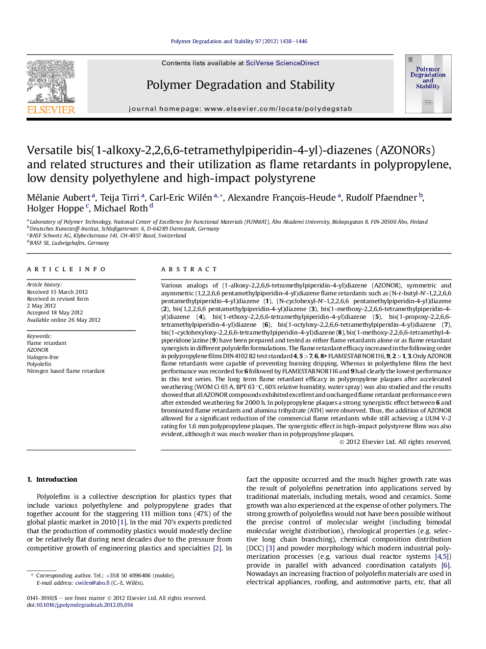 Versatile bis(1-alkoxy-2,2,6,6-tetramethylpiperidin-4-yl)-diazenes (AZONORs) and related structures and their utilization as flame retardants in polypropylene, low density polyethylene and high-impact polystyrene