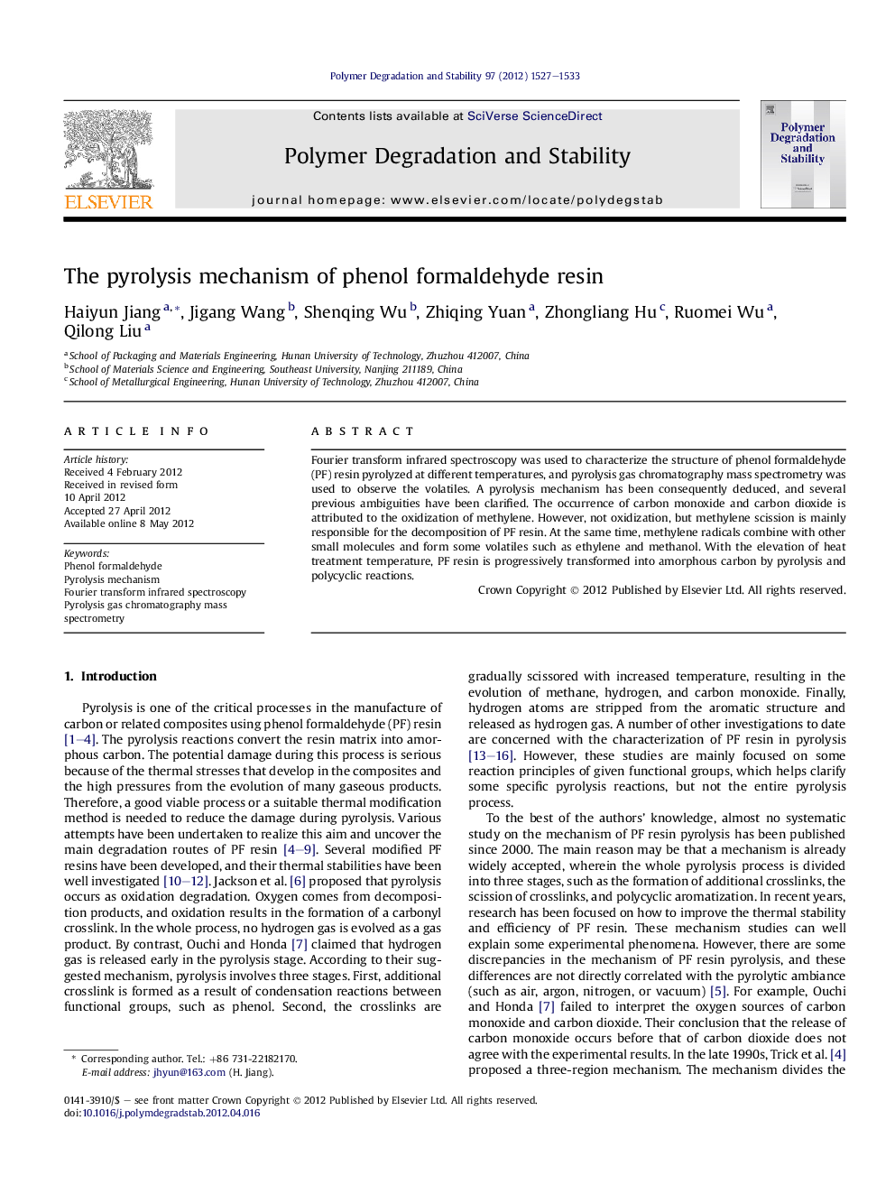 The pyrolysis mechanism of phenol formaldehyde resin