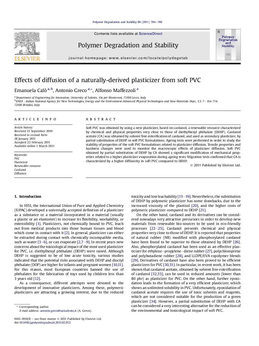 Effects of diffusion of a naturally-derived plasticizer from soft PVC