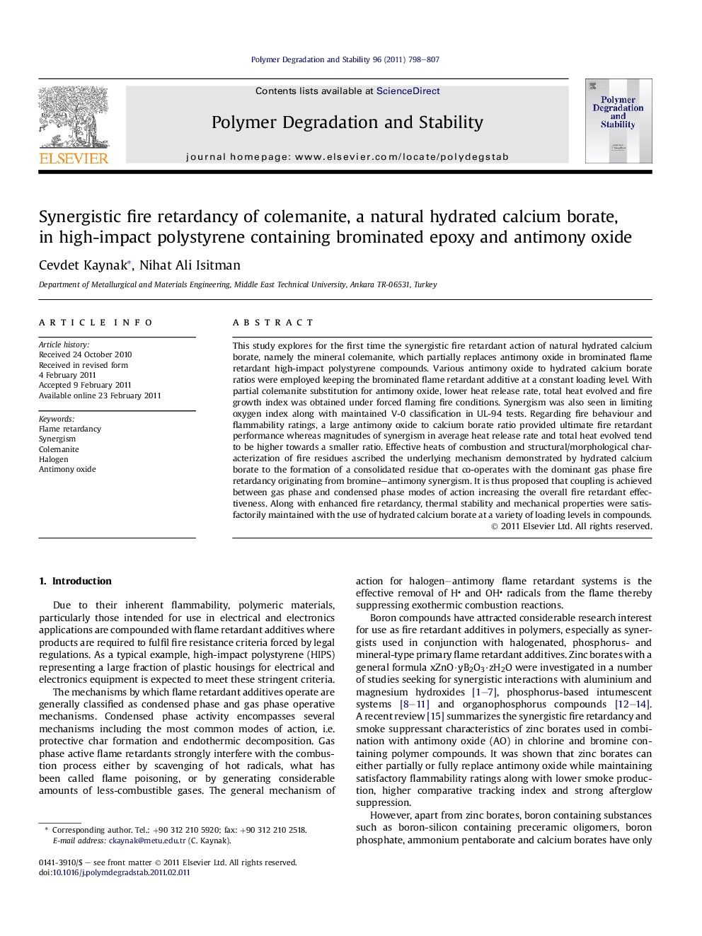 Synergistic fire retardancy of colemanite, a natural hydrated calcium borate, in high-impact polystyrene containing brominated epoxy and antimony oxide