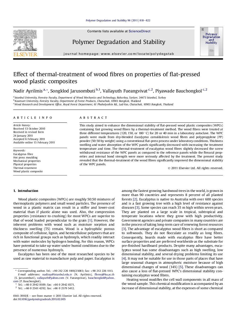 Effect of thermal-treatment of wood fibres on properties of flat-pressed wood plastic composites