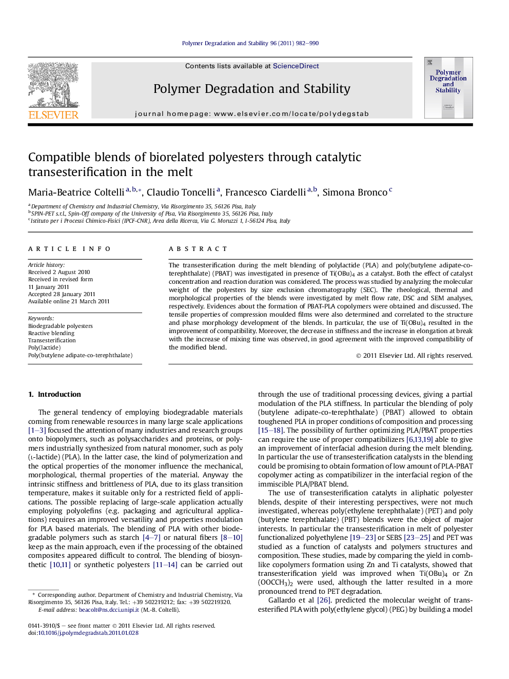 Compatible blends of biorelated polyesters through catalytic transesterification in the melt