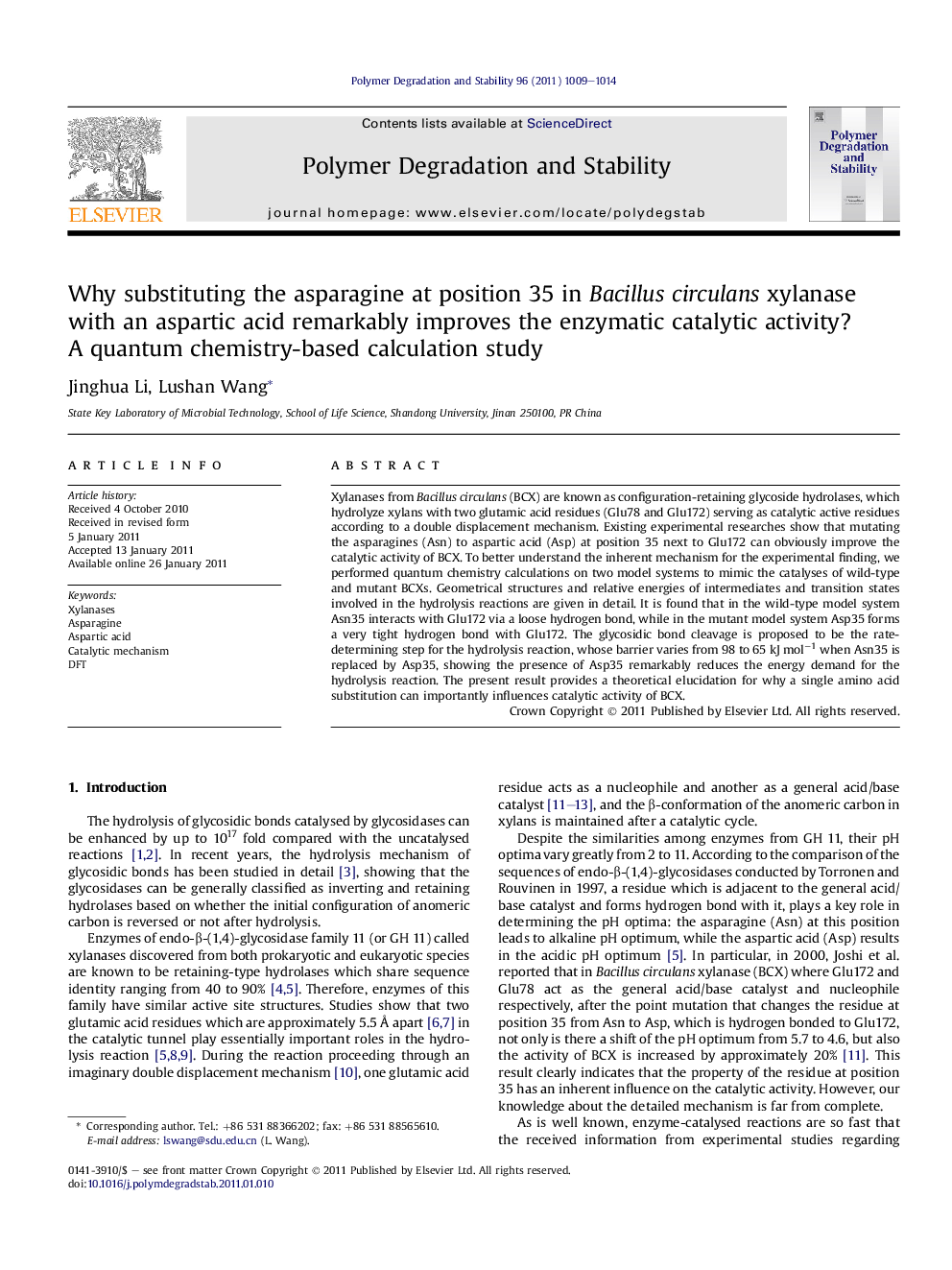 Why substituting the asparagine at position 35 in Bacillus circulans xylanase with an aspartic acid remarkably improves the enzymatic catalytic activity? A quantum chemistry-based calculation study