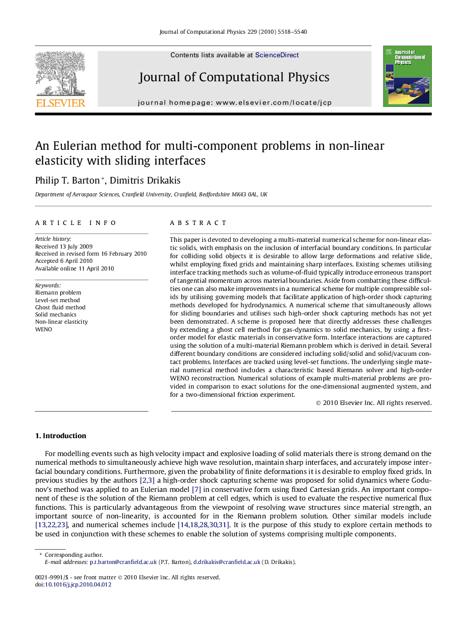 An Eulerian method for multi-component problems in non-linear elasticity with sliding interfaces