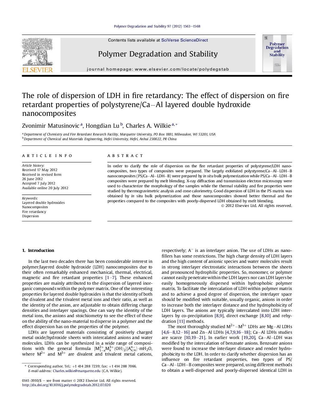 The role of dispersion of LDH in fire retardancy: The effect of dispersion on fire retardant properties of polystyrene/CaâAl layered double hydroxide nanocomposites