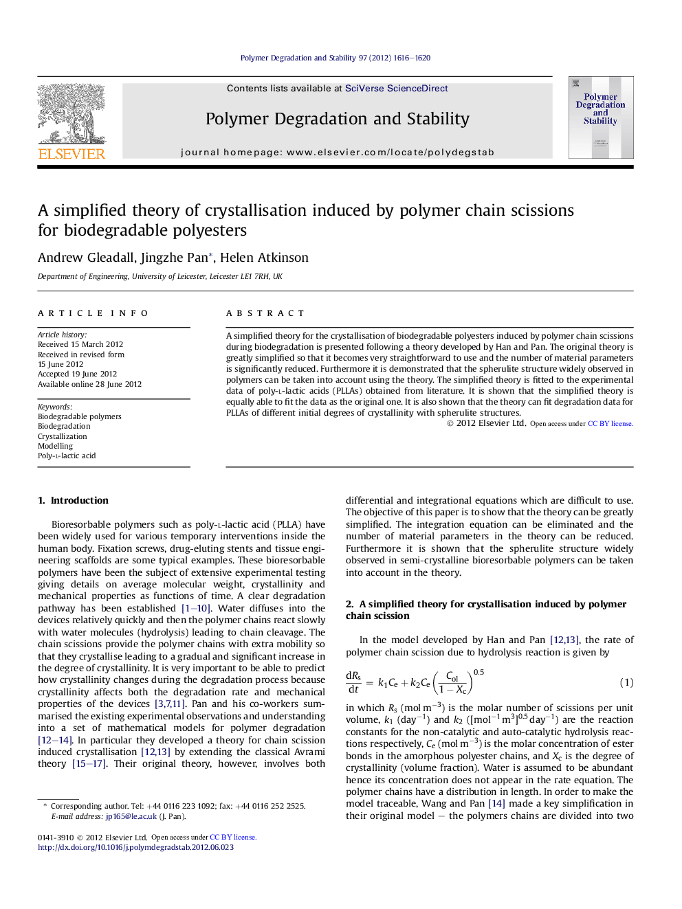 A simplified theory of crystallisation induced by polymer chain scissions for biodegradable polyesters