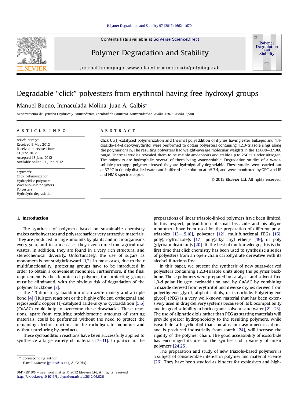 Degradable “click” polyesters from erythritol having free hydroxyl groups